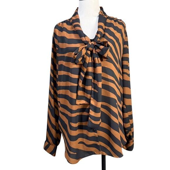 Worthington Animal Print Button Down Blouse Tie Neck  Black Brown Striped - Picture 1 of 10